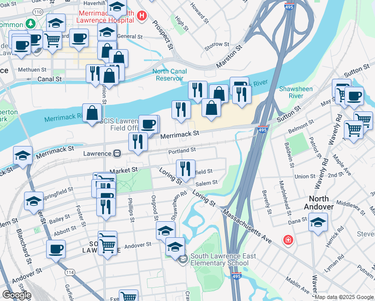 map of restaurants, bars, coffee shops, grocery stores, and more near 32 Portland Street in Lawrence