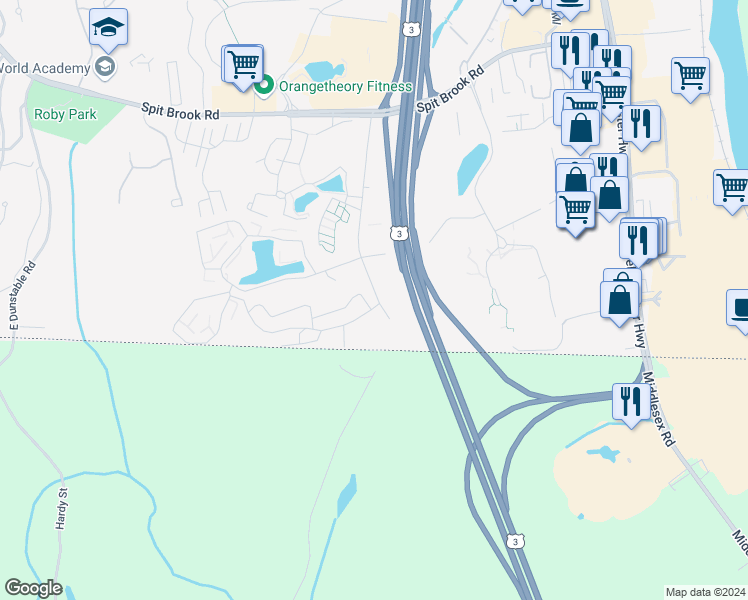 map of restaurants, bars, coffee shops, grocery stores, and more near 7 Strawberry Bank Road in Nashua