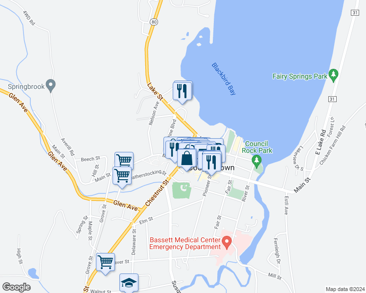 map of restaurants, bars, coffee shops, grocery stores, and more near 12 Chestnut Street in Cooperstown