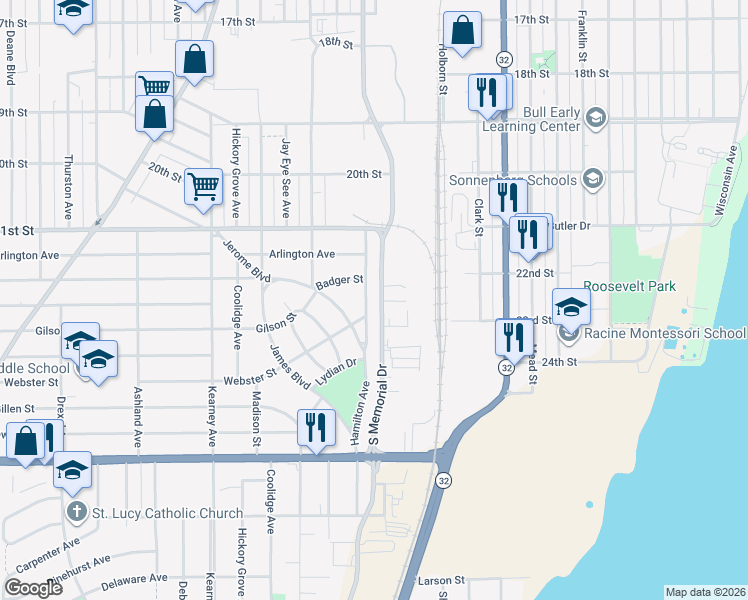 map of restaurants, bars, coffee shops, grocery stores, and more near 2321 Hamilton Avenue in Racine