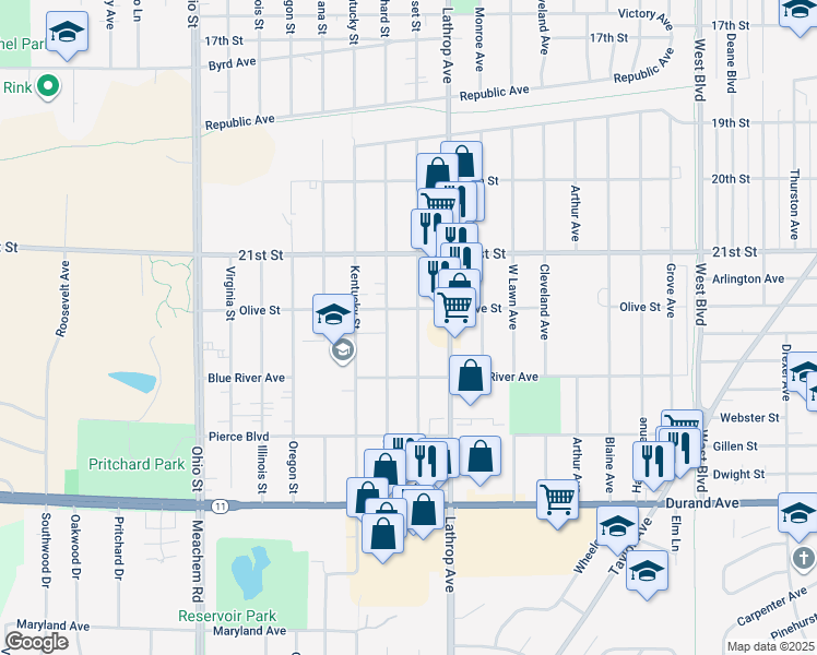 map of restaurants, bars, coffee shops, grocery stores, and more near 2317 Orchard Street in Racine