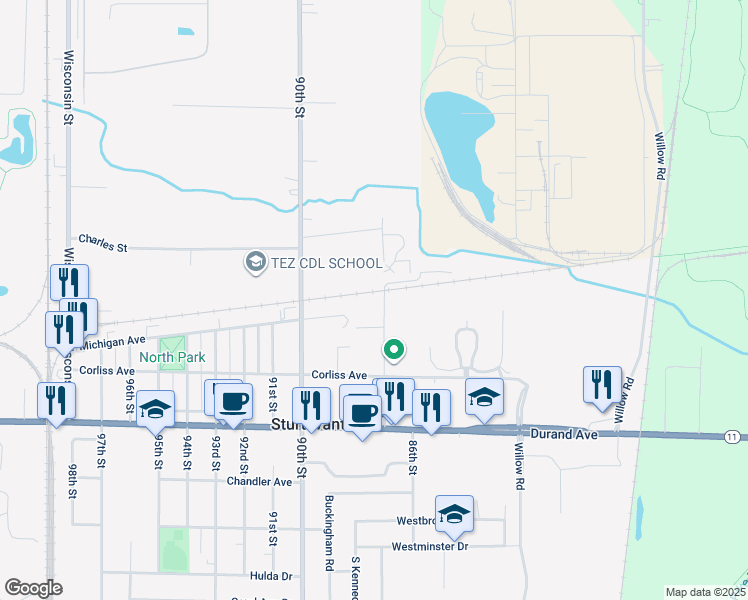 map of restaurants, bars, coffee shops, grocery stores, and more near 2741 87th Street in Sturtevant