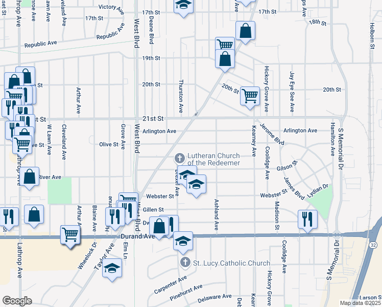 map of restaurants, bars, coffee shops, grocery stores, and more near 2624 Bate Street in Racine