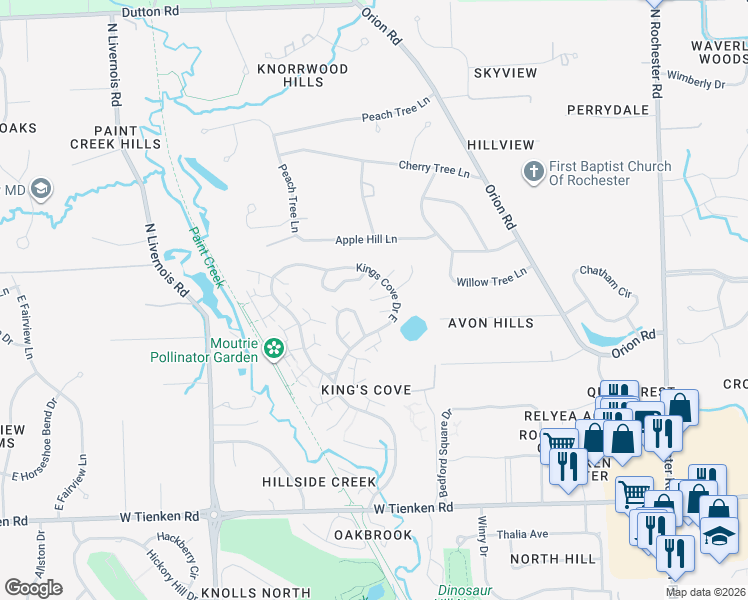 map of restaurants, bars, coffee shops, grocery stores, and more near 581 Poplar Court in Rochester Hills
