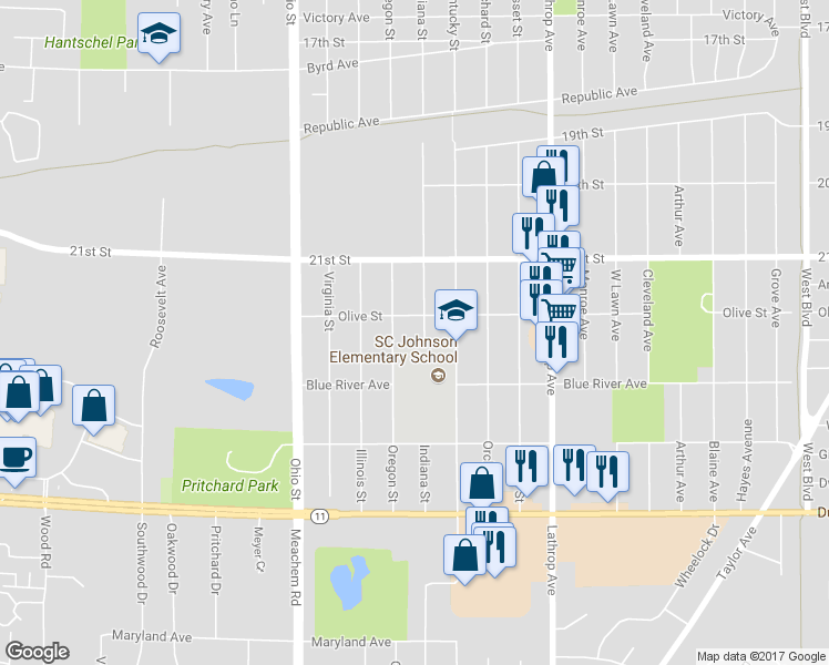 map of restaurants, bars, coffee shops, grocery stores, and more near 2316 Indiana Street in Racine
