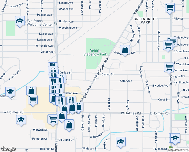 map of restaurants, bars, coffee shops, grocery stores, and more near 3010 South Washington Avenue in Lansing