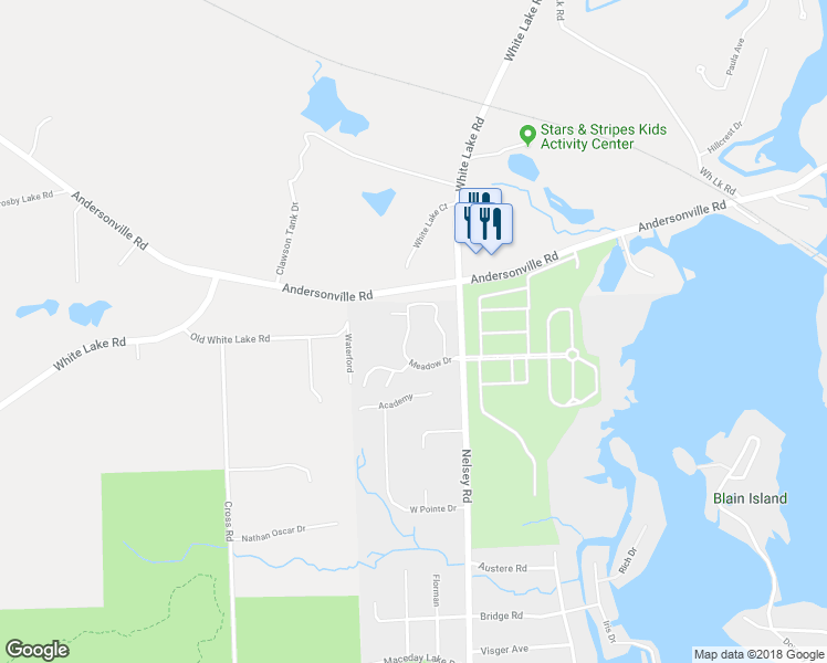 map of restaurants, bars, coffee shops, grocery stores, and more near 7908 Meadow Drive in Waterford Township