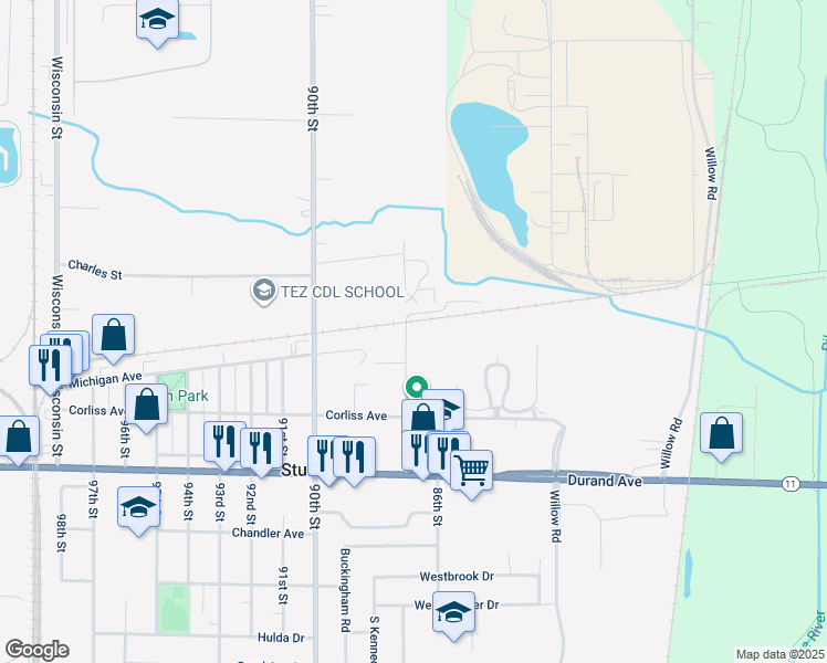 map of restaurants, bars, coffee shops, grocery stores, and more near 2741 87th Street in Sturtevant