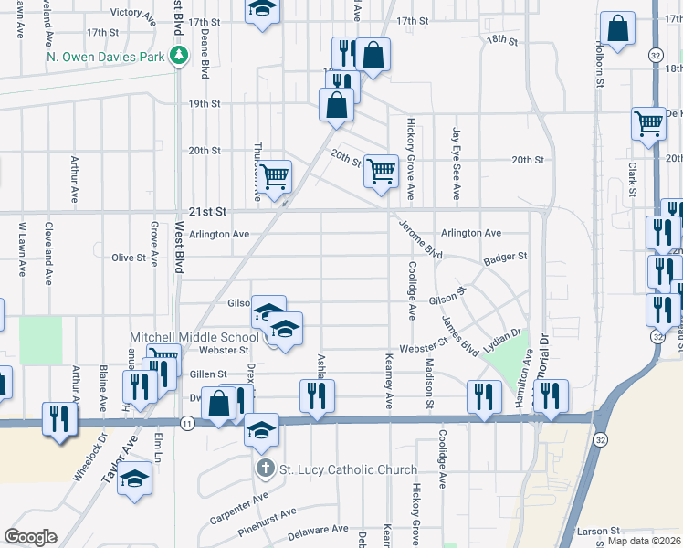 map of restaurants, bars, coffee shops, grocery stores, and more near 2418 Bate Street in Racine