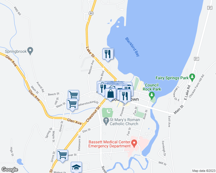 map of restaurants, bars, coffee shops, grocery stores, and more near 12 Chestnut Street in Cooperstown