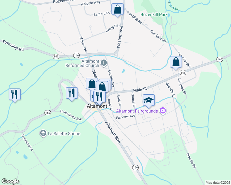 map of restaurants, bars, coffee shops, grocery stores, and more near Main Street in Altamont