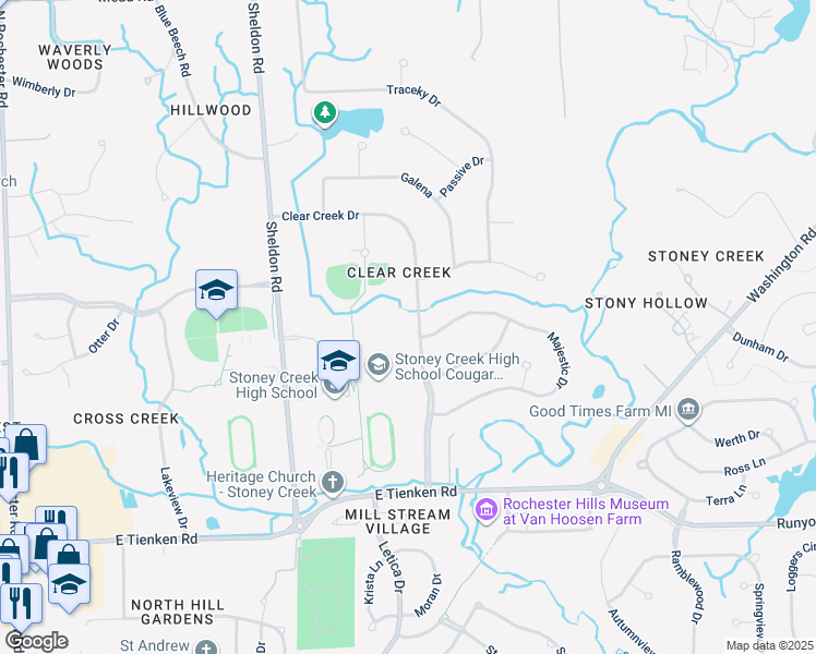 map of restaurants, bars, coffee shops, grocery stores, and more near 1260 Clear Creek Drive in Rochester Hills