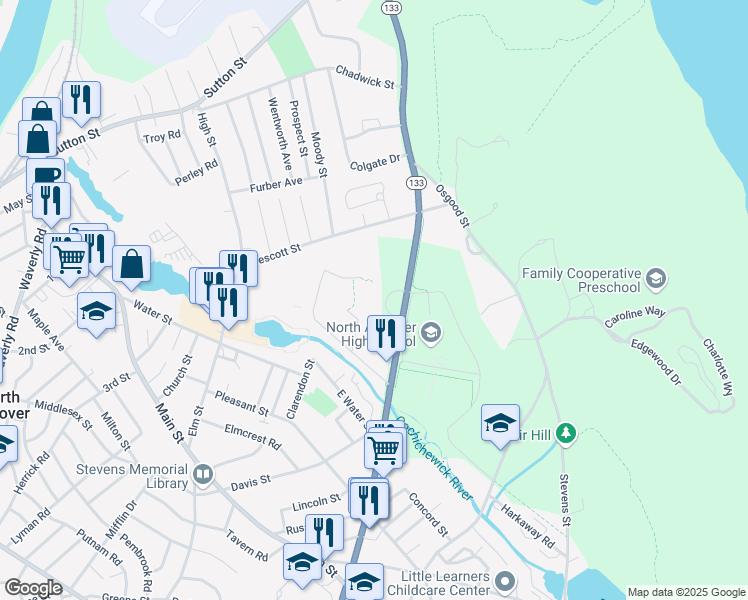 map of restaurants, bars, coffee shops, grocery stores, and more near 700 Chickering Road in North Andover