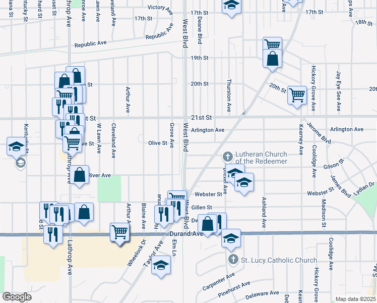 map of restaurants, bars, coffee shops, grocery stores, and more near 3024 Bate Street in Racine