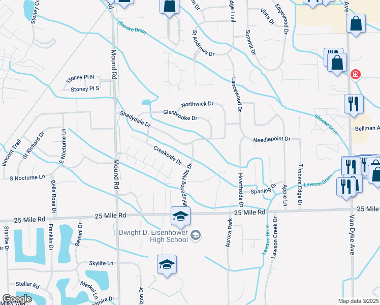 map of restaurants, bars, coffee shops, grocery stores, and more near 6435 Creekside Drive in Macomb County