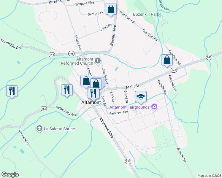 map of restaurants, bars, coffee shops, grocery stores, and more near Main Street in Altamont