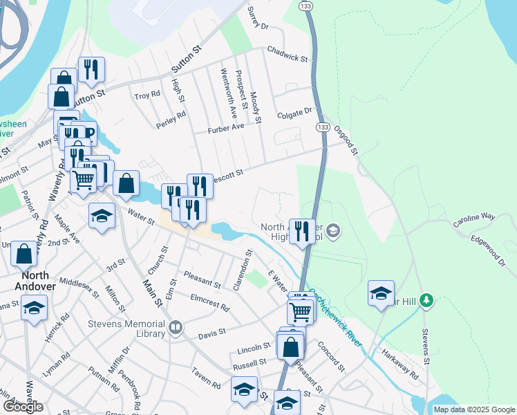 map of restaurants, bars, coffee shops, grocery stores, and more near 9 Walker Road in North Andover