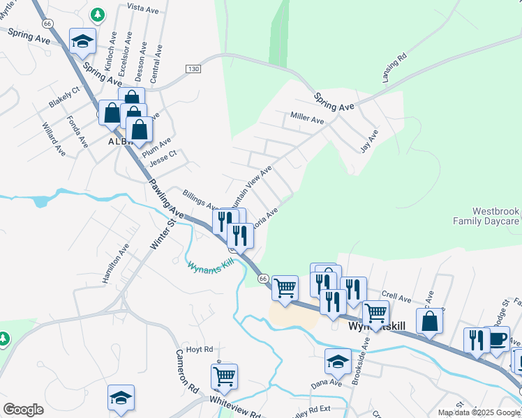 map of restaurants, bars, coffee shops, grocery stores, and more near 12 Carolina Ave in Troy