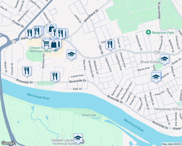 map of restaurants, bars, coffee shops, grocery stores, and more near 38 Strathmore Road in Methuen