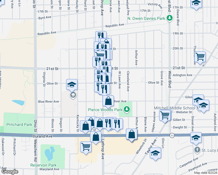 map of restaurants, bars, coffee shops, grocery stores, and more near 2312 Monroe Ave in Racine