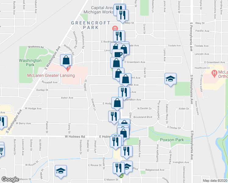map of restaurants, bars, coffee shops, grocery stores, and more near 401 Paris Avenue in Lansing