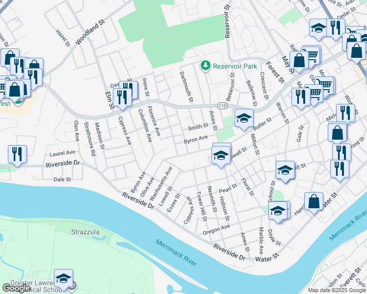 map of restaurants, bars, coffee shops, grocery stores, and more near 14 Middlebury Street in Lawrence