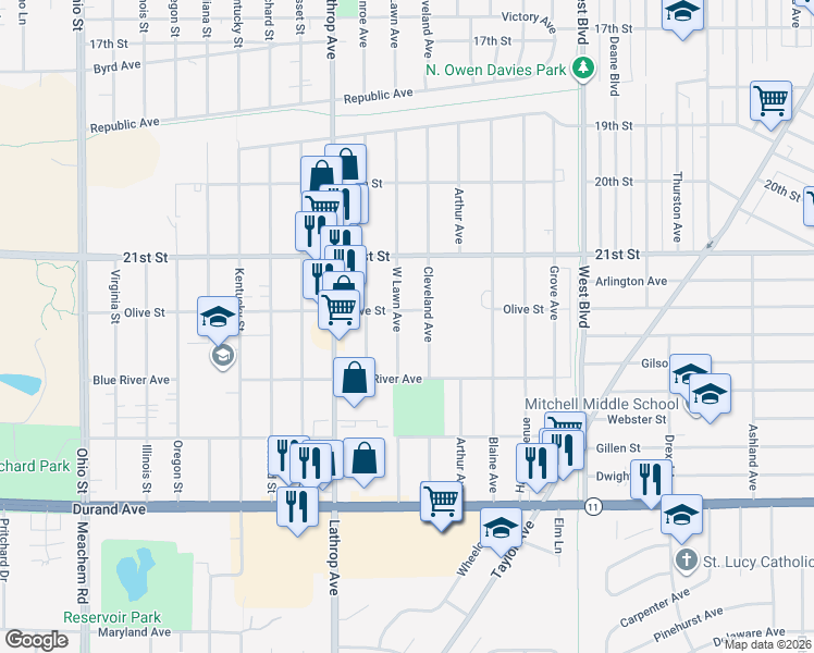 map of restaurants, bars, coffee shops, grocery stores, and more near 2313 West Lawn Avenue in Racine