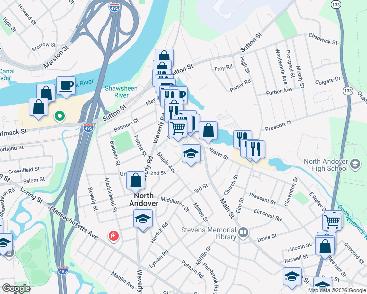 map of restaurants, bars, coffee shops, grocery stores, and more near 28 School Street in North Andover