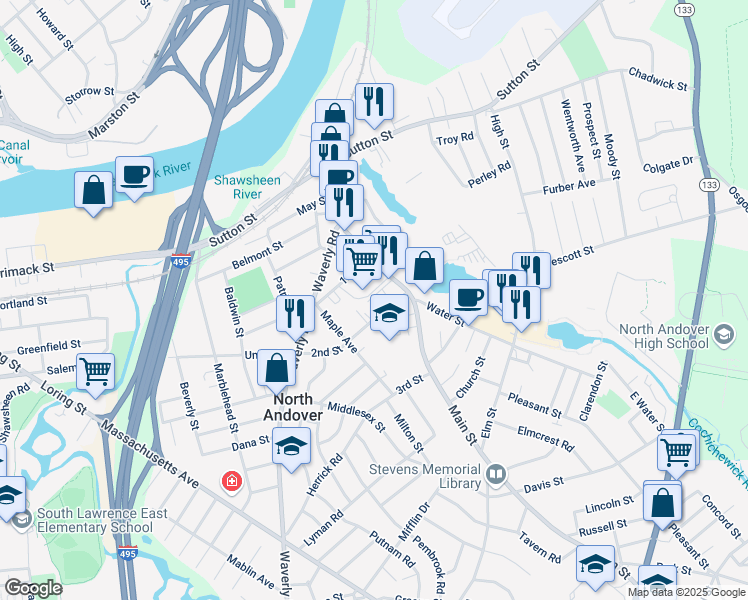 map of restaurants, bars, coffee shops, grocery stores, and more near 28 School Street in North Andover