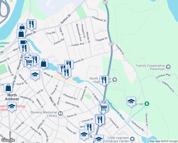 map of restaurants, bars, coffee shops, grocery stores, and more near 9 Walker Road in North Andover