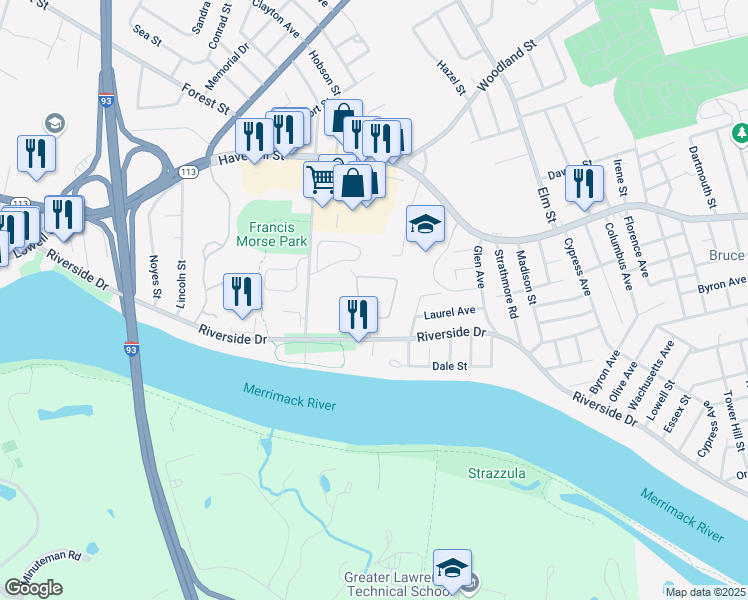 map of restaurants, bars, coffee shops, grocery stores, and more near 945 Riverside Drive in Methuen