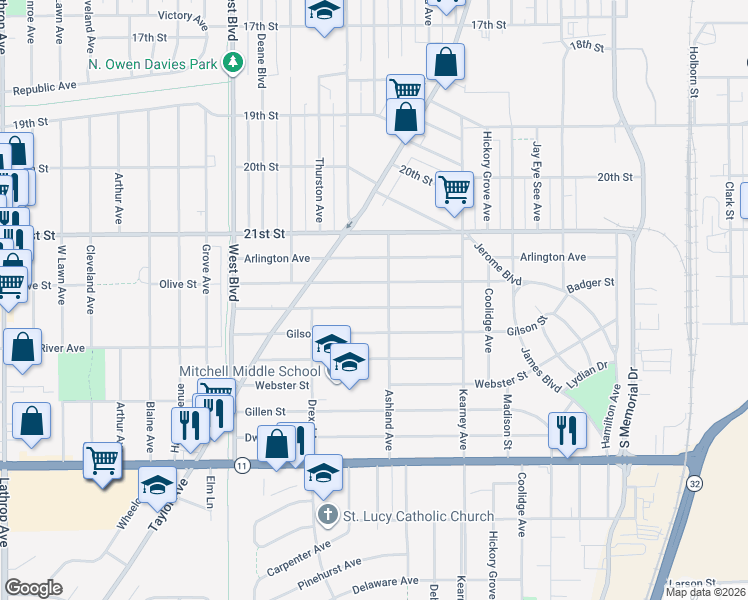 map of restaurants, bars, coffee shops, grocery stores, and more near 2512 Bate Street in Racine