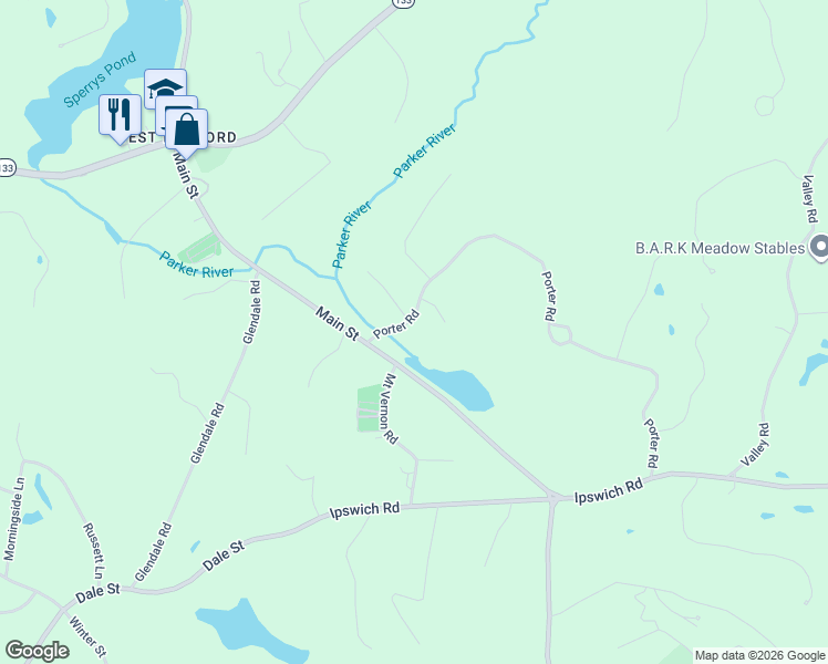 map of restaurants, bars, coffee shops, grocery stores, and more near 503 Main Street in Boxford