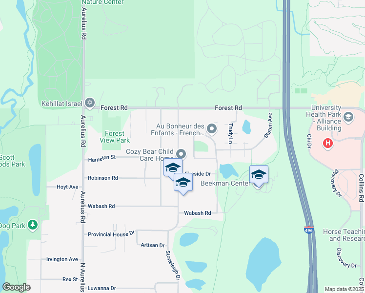 map of restaurants, bars, coffee shops, grocery stores, and more near 2903 Stoneleigh Drive in Lansing