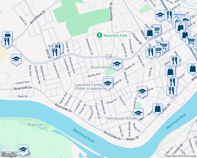 map of restaurants, bars, coffee shops, grocery stores, and more near 67 Olive Avenue in Lawrence