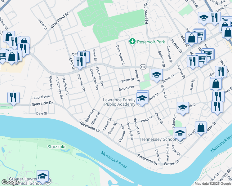map of restaurants, bars, coffee shops, grocery stores, and more near 14 Middlebury Street in Lawrence