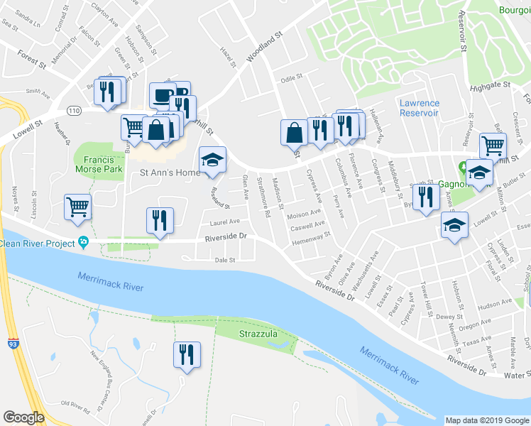 map of restaurants, bars, coffee shops, grocery stores, and more near 40 Glen Avenue in Methuen