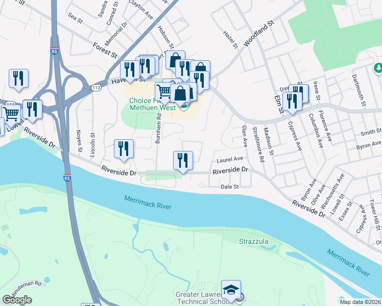 map of restaurants, bars, coffee shops, grocery stores, and more near 945 Riverside Drive in Methuen