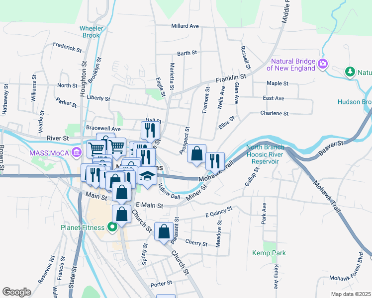 map of restaurants, bars, coffee shops, grocery stores, and more near 2-44 Montgomery Street in North Adams