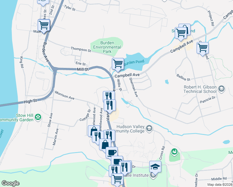 map of restaurants, bars, coffee shops, grocery stores, and more near 38 Vandenburgh Avenue in Troy