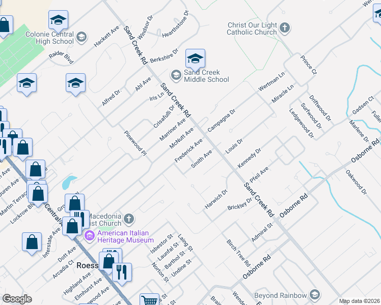 map of restaurants, bars, coffee shops, grocery stores, and more near 111 Frederick Avenue in Albany
