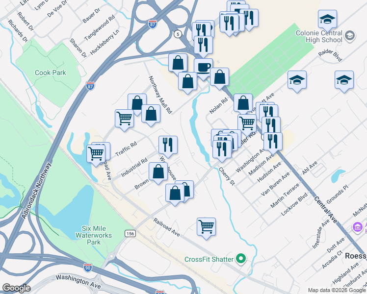 map of restaurants, bars, coffee shops, grocery stores, and more near 15 Dorlyn Road in Albany