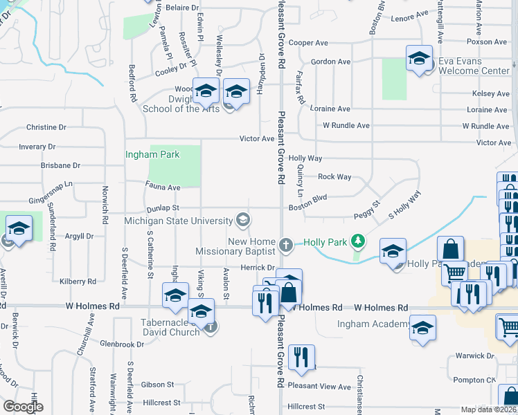 map of restaurants, bars, coffee shops, grocery stores, and more near 2231 Dunlap Street in Lansing