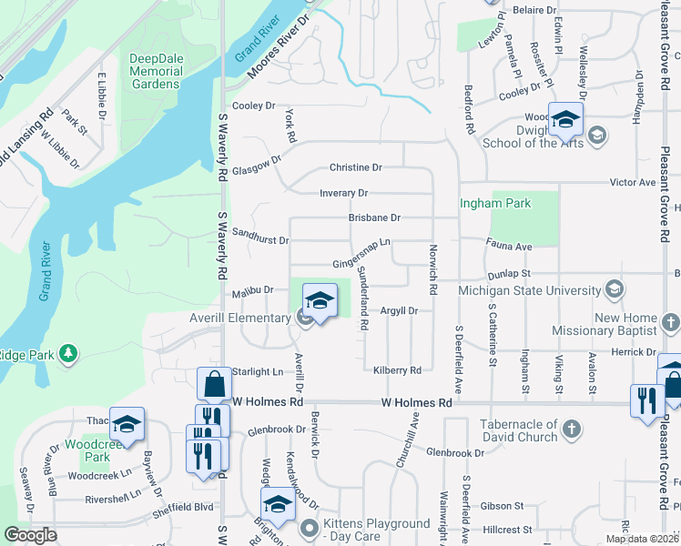 map of restaurants, bars, coffee shops, grocery stores, and more near 3000 Sunderland Road in Lansing