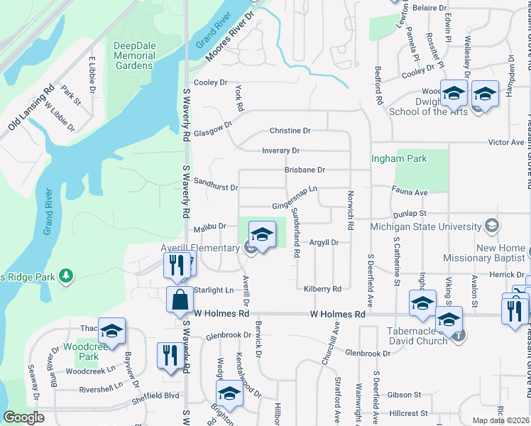 map of restaurants, bars, coffee shops, grocery stores, and more near 3501 Ginger Snap Lane in Lansing