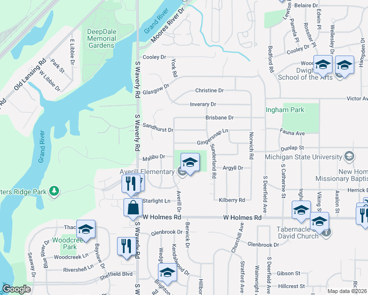 map of restaurants, bars, coffee shops, grocery stores, and more near 3501 Ginger Snap Lane in Lansing
