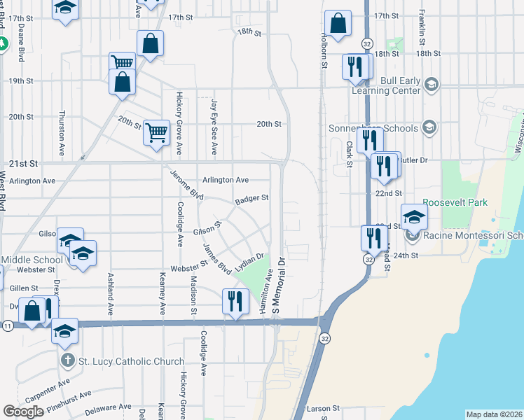 map of restaurants, bars, coffee shops, grocery stores, and more near 2321 Hamilton Avenue in Racine