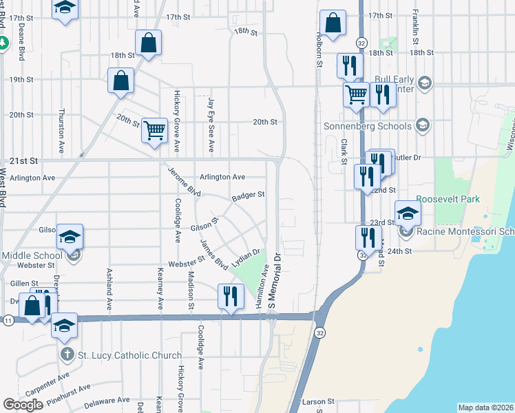 map of restaurants, bars, coffee shops, grocery stores, and more near 2321 Hamilton Avenue in Racine