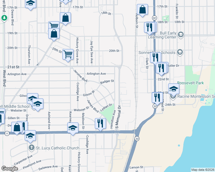 map of restaurants, bars, coffee shops, grocery stores, and more near 1832 Jerome Boulevard in Racine