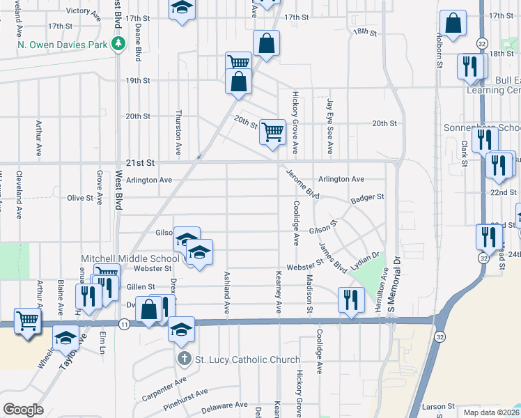 map of restaurants, bars, coffee shops, grocery stores, and more near 2316 Bate Street in Racine